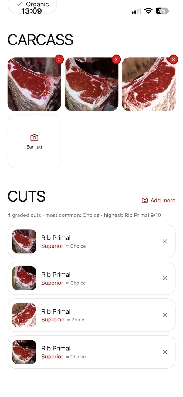 MeatGraderの分析画面。霜降り、肉色、テクスチャー、脂肪のカバーを要素別に表示