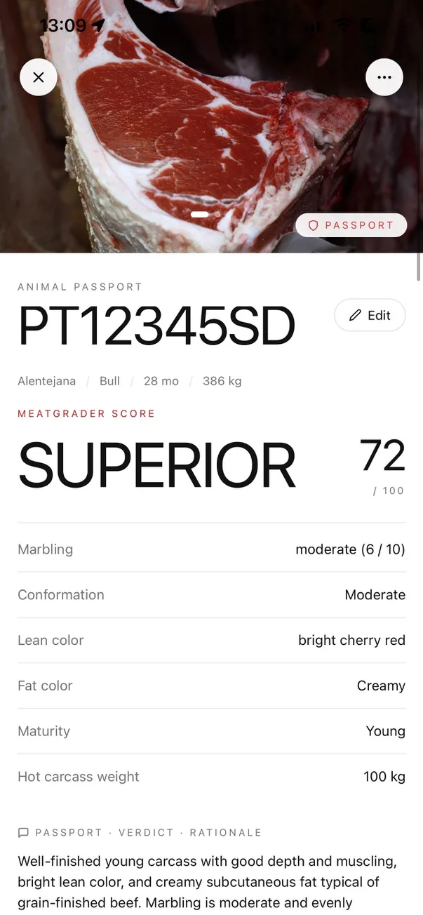MeatGraderの結果画面。USDAプライム判定、霜降りスコア、BMS表示