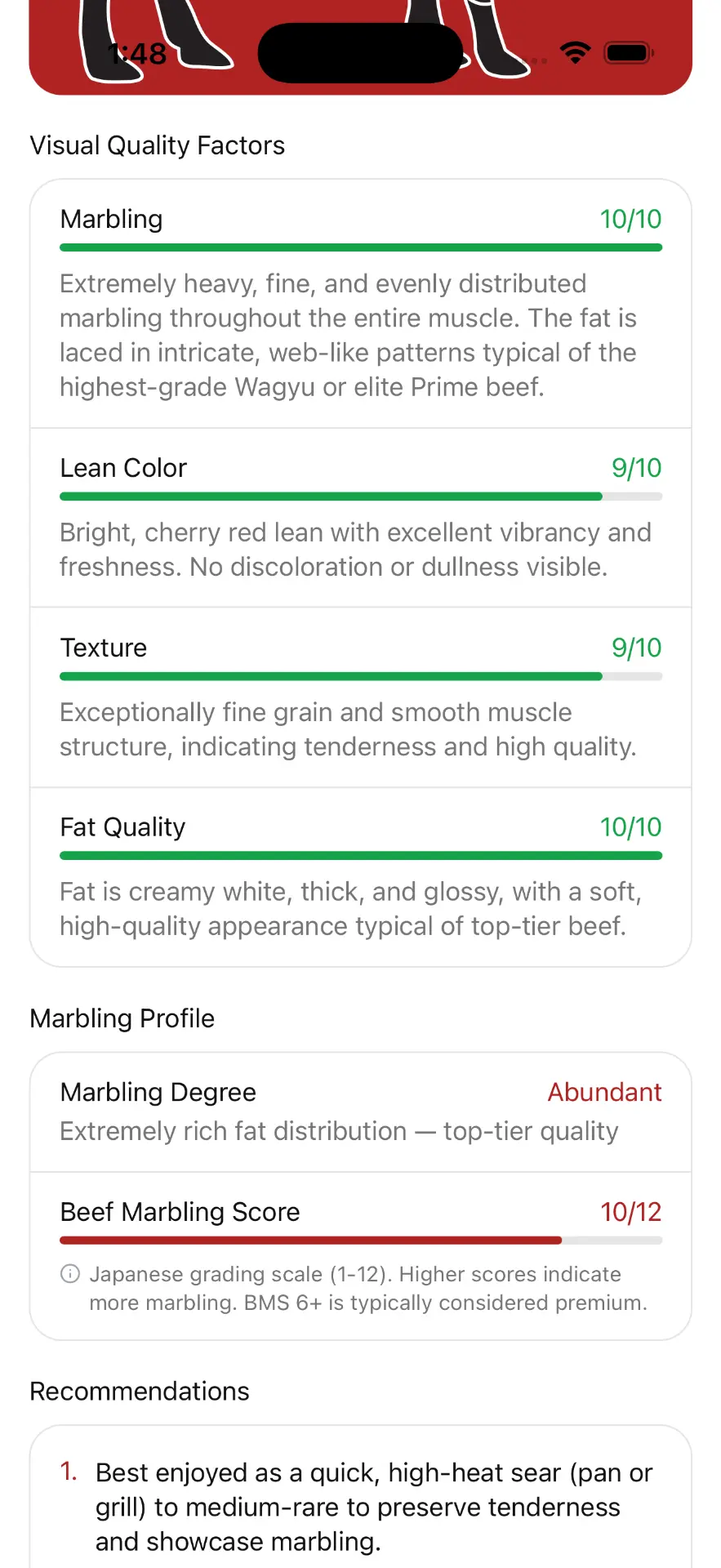 MeatGrader analysis breakdown with per-factor scores for marbling, lean color, texture, and fat cap