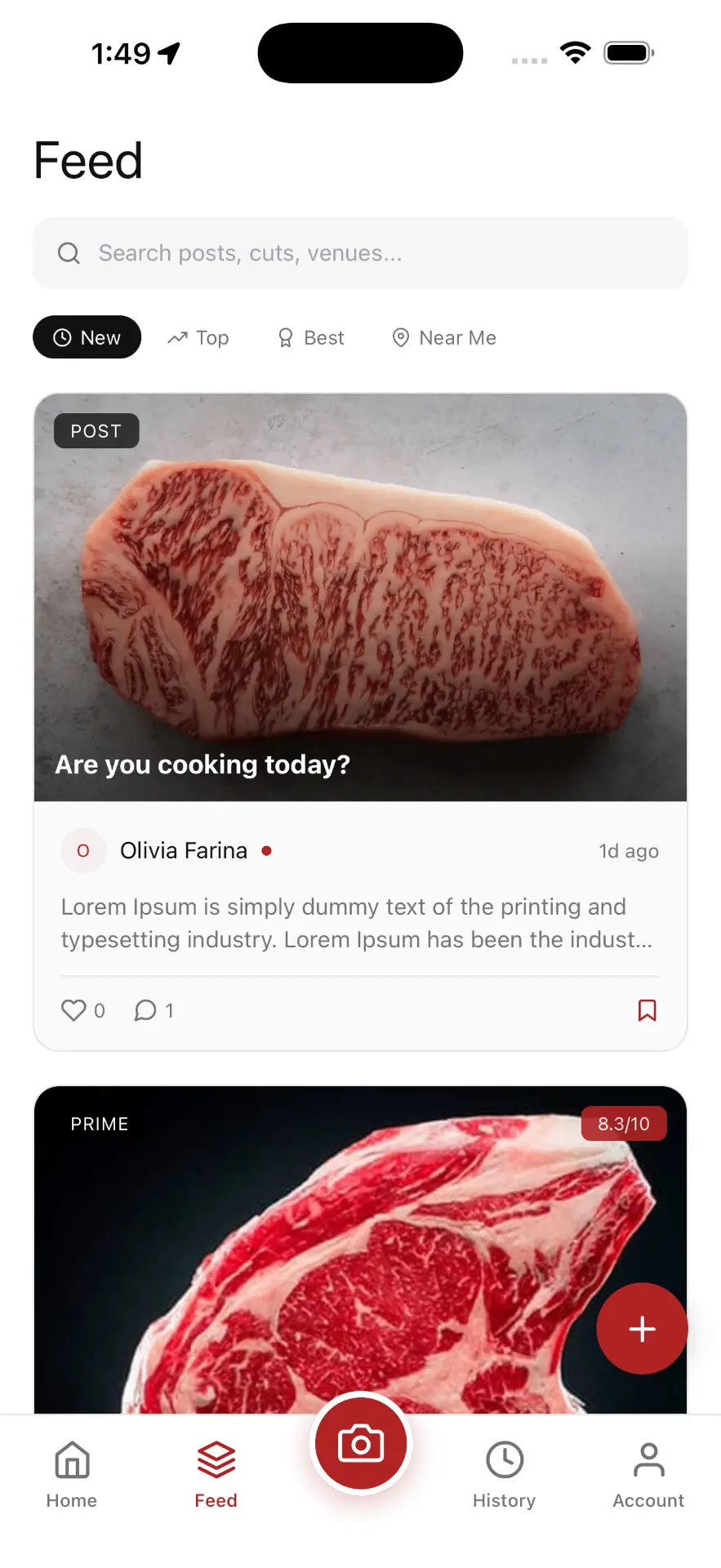 MeatGrader community feed showing beef cuts shared by butchers and enthusiasts with quality scores