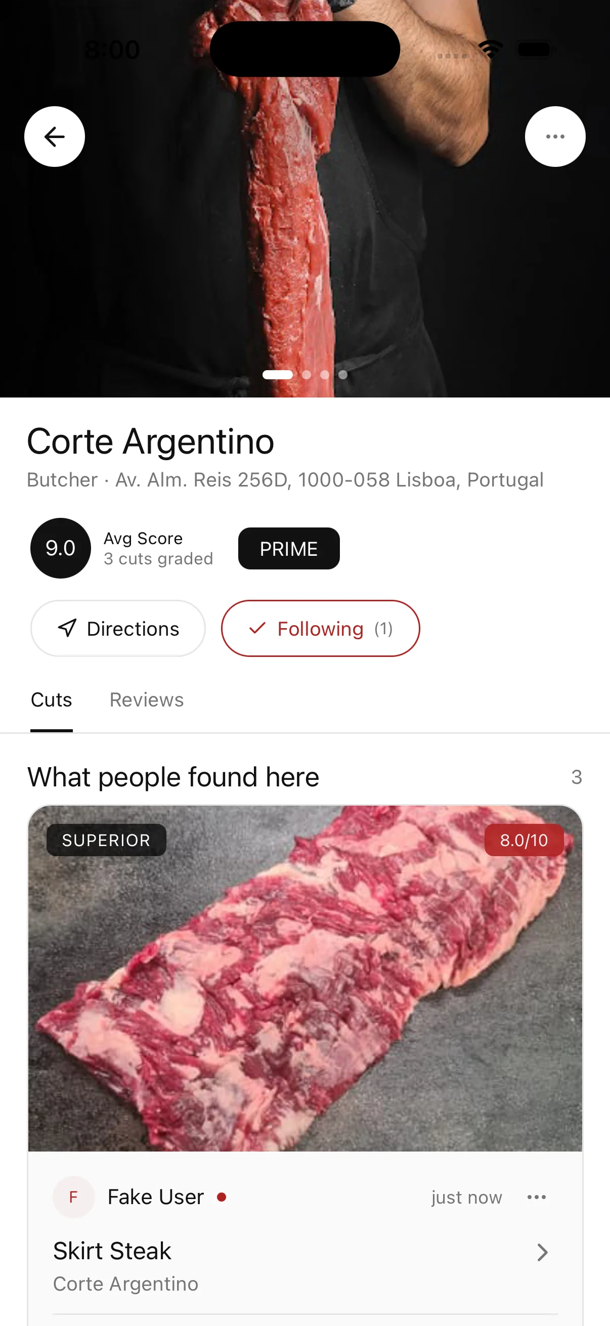 MeatGrader place detail showing average score, photos, and community-verified cuts