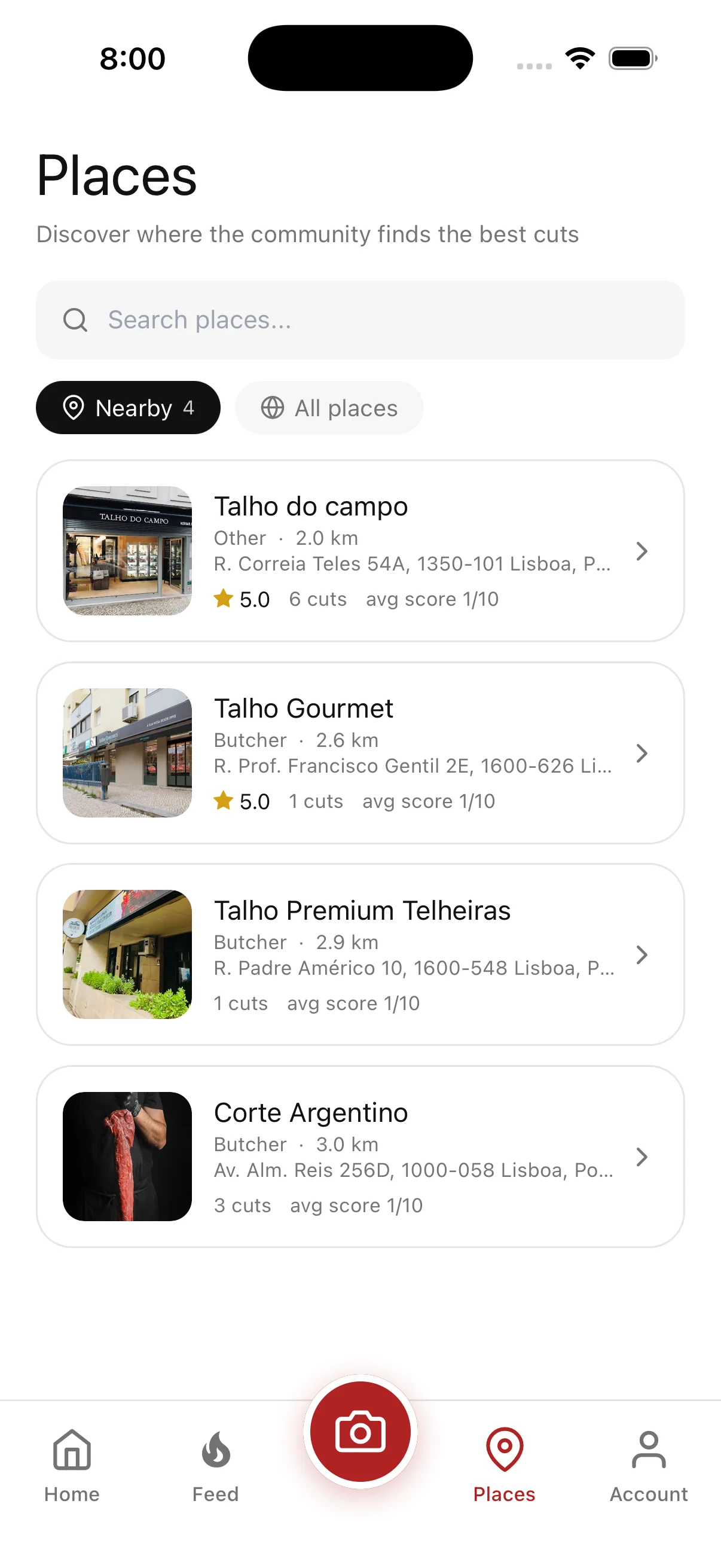 MeatGrader Places list showing nearby butchers and markets with community quality scores