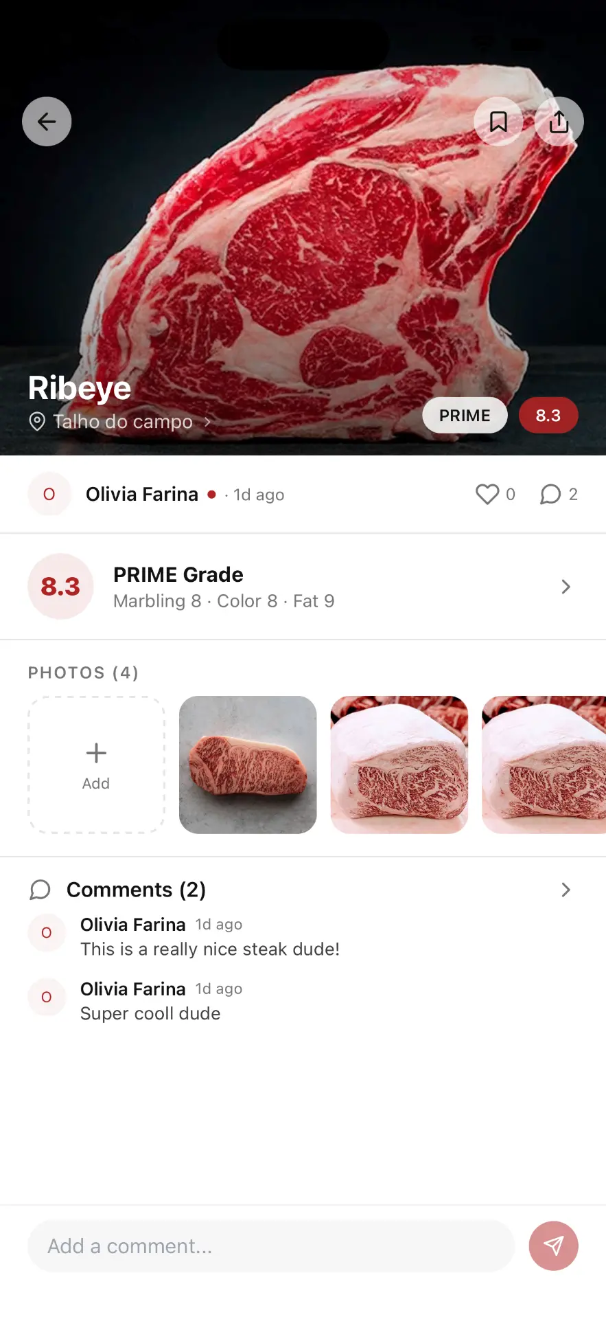 MeatGrader community post for a beef cut with USDA verification and Japanese BMS marbling score
